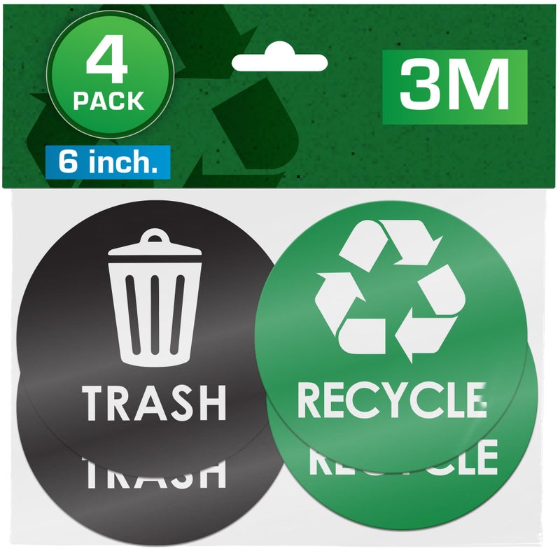 Pixelverse Design Recycle Stickers for Trash Bins - 6"x6" Round Decals, 4 Pack Set - Recycling Sticker for Trash Can - UV-Resistant Waste Management for Indoor, Outdoor, Kitchen, Office, and Public Spaces - Image 1